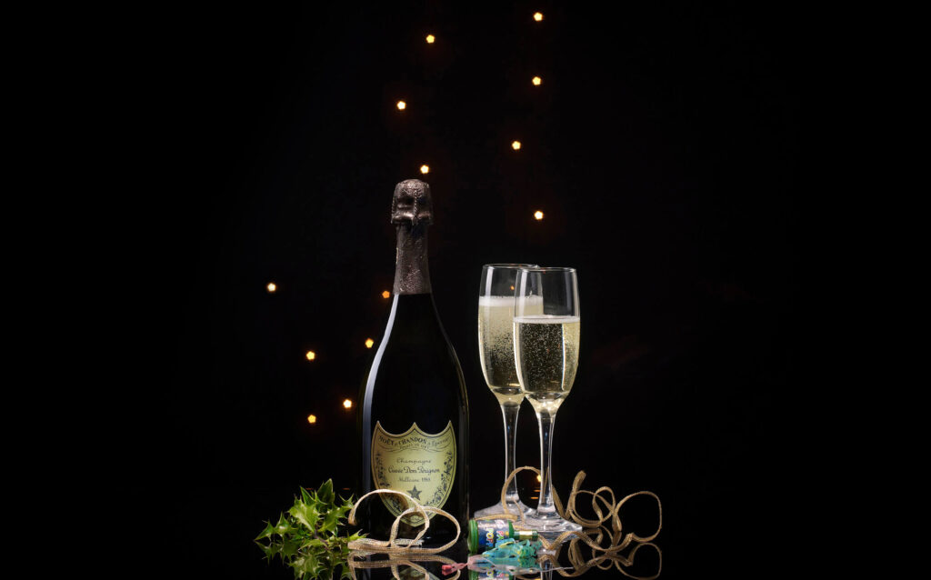 Photograph of a Bottle of Dom Perignon Champagne and Champagne Glasses